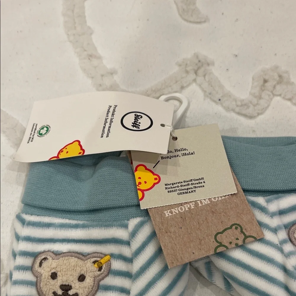 Cute Blue Striped Mittens with Bear Design